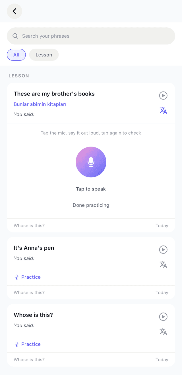 Natively saved phrases to practice